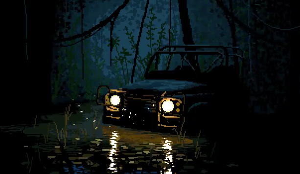 a pixel art image of a jeep partially submerged in water, likely a swamp or jungle, at night. the jeep's headlights are on, casting reflections in the water. the surrounding environment is dark and filled with vegetation, including trees, vines, and grasses. the scene is moody and atmospheric.