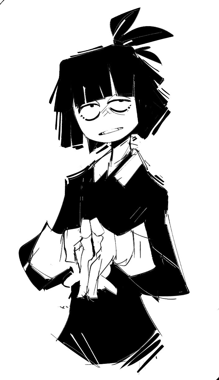 a black and white drawing of a girl with short dark hair, wearing a long coat and standing with her arms crossed in front of her. she has a serious expression on her face.