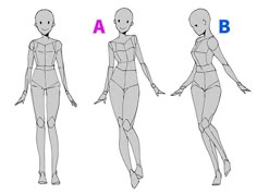 the image shows three different anime characters in a line art style.  the character on the left is standing straight up, while the middle character is posed with their left leg in front, and the right character has their weight on their right leg, and left leg in the back. they all have long hair and their bodies are drawn with a few lines to form a simple shape of the figure.  each character is labelled with a, b, or c to indicate a specific pose.  the images are in black and white.  the characters look like they are wearing a simple outfit, likely a dress or a jumpsuit.
