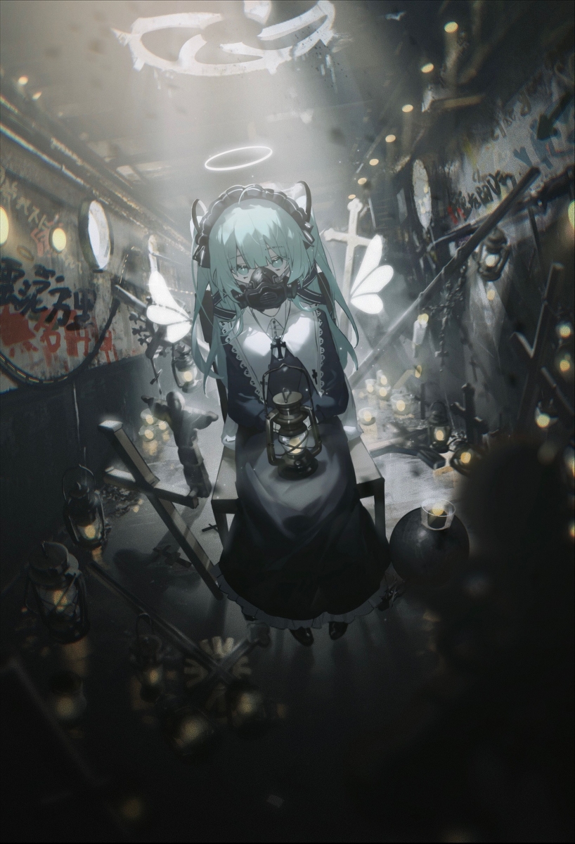 the image is a stylized animestyle illustration of a girl sitting in what appears to be a postapocalyptic or dystopian setting. she has light blue hair and is wearing a gas mask. she is holding a lit lamp. behind her are wings and a halo. the background includes graffiti on the walls, guns, crosses, and other objects. the overall atmosphere is dark and mysterious, with a strong contrast between light and shadow.
