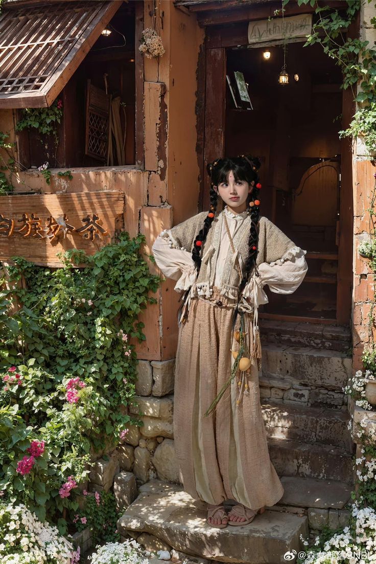 a woman in traditional clothing stands on stone steps in front of a building with a rustic, textured facade. she has dark hair styled in braids with colorful embellishments, and she wears loose, flowing garments in earth tones, including a layered blouse and widelegged pants. the building is adorned with greenery and flowers, and there is a sign with chinese characters on the left side.