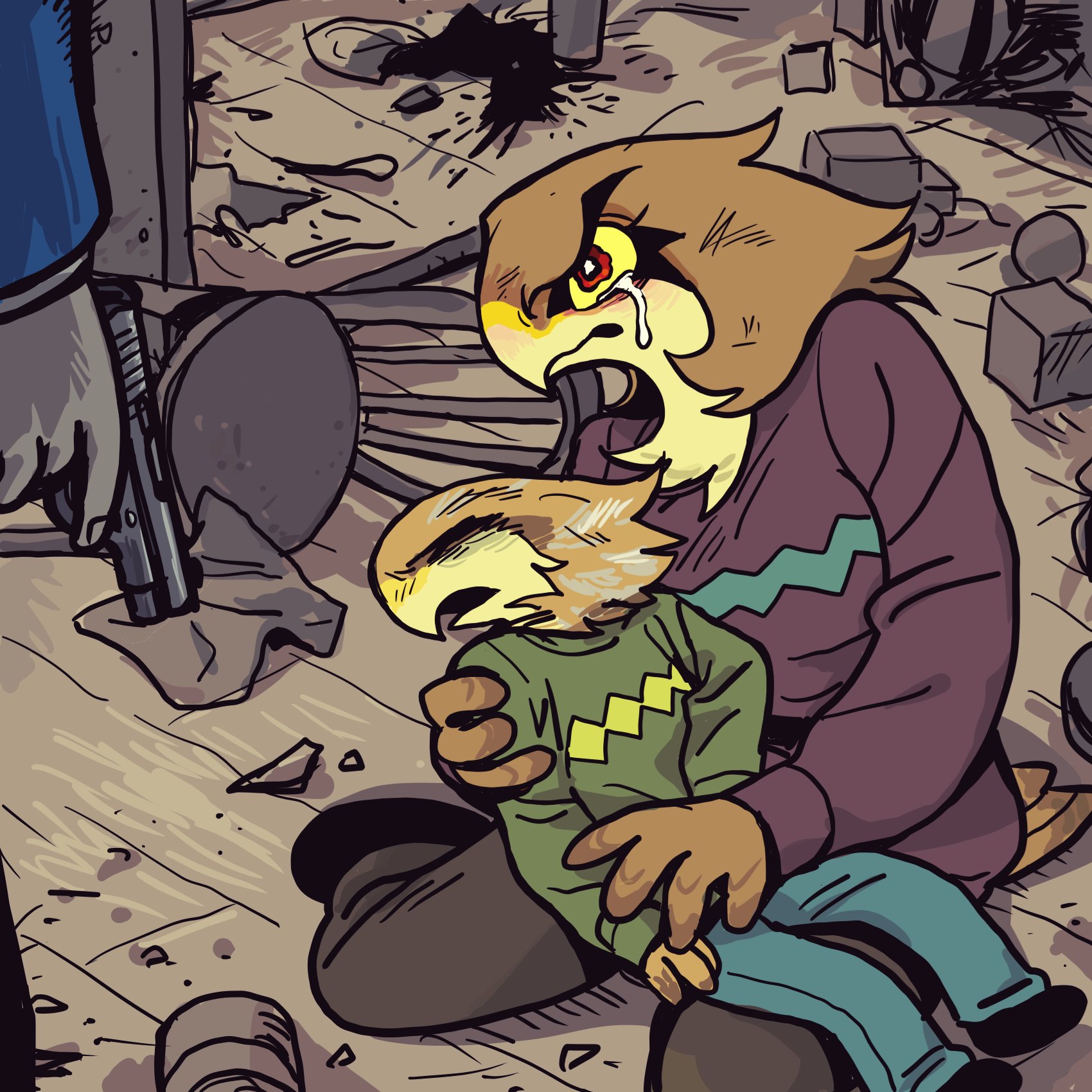 a cartoon comic scene featuring a bird person with a distraught look on their face, crying and holding a young bird person. the scene is surrounded by debris, suggesting a violent event occurred. an arm holding a gun is visible in the foreground, but the individual wielding it is out of frame. the scene is set in a dimly lit environment, with the lighting coming from the outside. the bird person's worry and distress are evident in their posture and facial expressions. the debris and the presence of the gun suggest that something tragic has transpired, leaving the viewer with a sense of unease and sorrow.