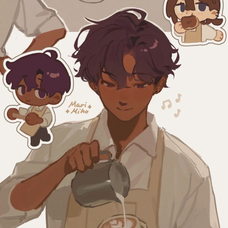 the image is a digital illustration featuring a stylized animestyle character.  the main focus is a young adult barista with dark brown skin and short, purple hair. they are wearing a beige shirt and apron and are in the process of pouring milk into a cup of coffee, creating latte art. two smaller chibistyle characters appear in the background, one of which is also wearing a barista uniform.  the style is soft and warm, with muted tones and a peaceful atmosphere. music notes float near the main character, suggesting a calm and pleasant environment.  there is also a small artist signature. the overall aesthetic is cute and comforting.
