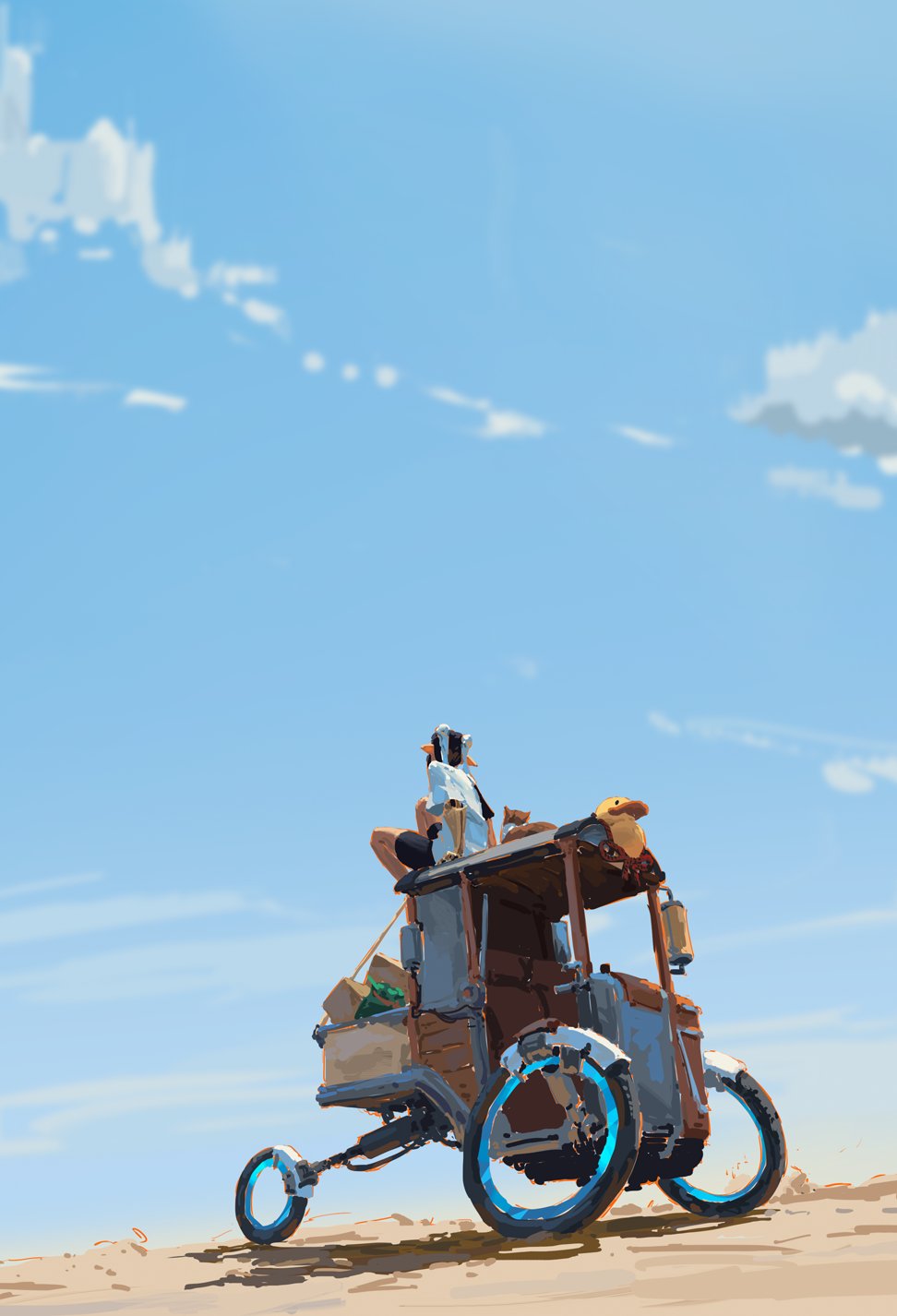 a digital painting depicting a whimsical, futuristic cart traversing a sandy desert under a bright, sunny sky. a young woman with short hair sits atop the cart, accompanied by a cat or small animal. the cart is a mix of rustic wood and futuristic glowing blue wheels. the style is loose and painterly, with expressive brushstrokes conveying a sense of adventure and journey. the overall mood is bright, optimistic, and slightly surreal. the background is a simple, yet effective, depiction of a clear sky with wispy clouds.