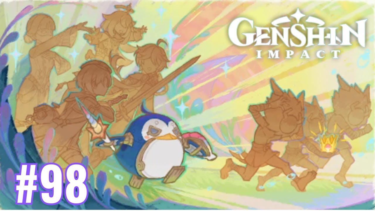 this image is a promotional artwork for the video game genshin impact. it features a variety of characters, including a cute penguin and a few other creatures that appear to be monsters. the artwork is very colorful and vibrant, with a bright yellow and blue color palette. the text at the top of the image reads "genshin impact." the text at the bottom of the image reads "98." this image is likely part of a larger series of promotional artwork for the game, and it is likely to be used in a variety of marketing materials.