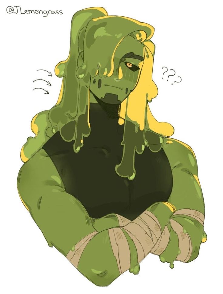 the image is a digital drawing of a humanoid slime creature. the creature is predominantly green and yellow in color, with a muscular build and long, flowing hair tied in a ponytail.  its skin appears gooey and viscous, with drips of slime visible.  the character has arms crossed and is wearing beige bandages around its forearms. its facial expression is somewhat confused or questioning, indicated by question marks above its head. the art style is reminiscent of anime or cartoon styles with a slightly stylized approach to the anatomy and textures. the artist's twitter handle, @jlemongrass, is visible in the top left corner.  the character's body has a textured appearance suggestive of a slimy or gelatinous consistency.