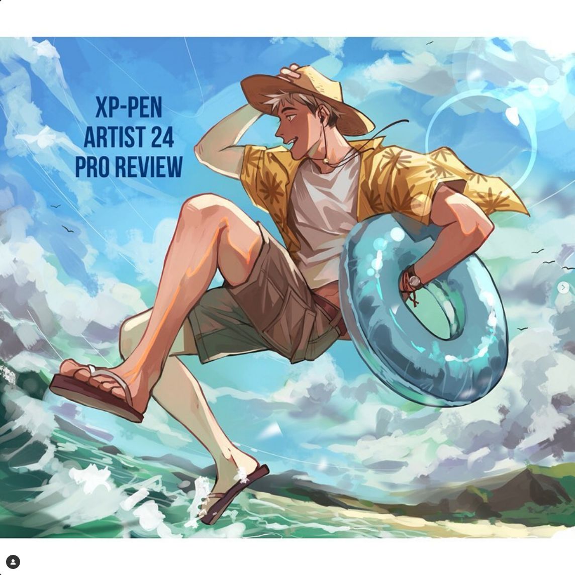 the illustration features a young man joyfully leaping over an ocean wave. he's dressed for a beach day in a yellow patterned shirt, a white undershirt, brown shorts, and sandals. a straw hat shields him from the bright sun. he carries a blue inflatable ring, ready for fun in the water. the scene is set against a vibrant blue sky dotted with fluffy white clouds, creating a carefree and summery atmosphere. the low angle perspective emphasizes the man's jump and the vastness of the sky above.