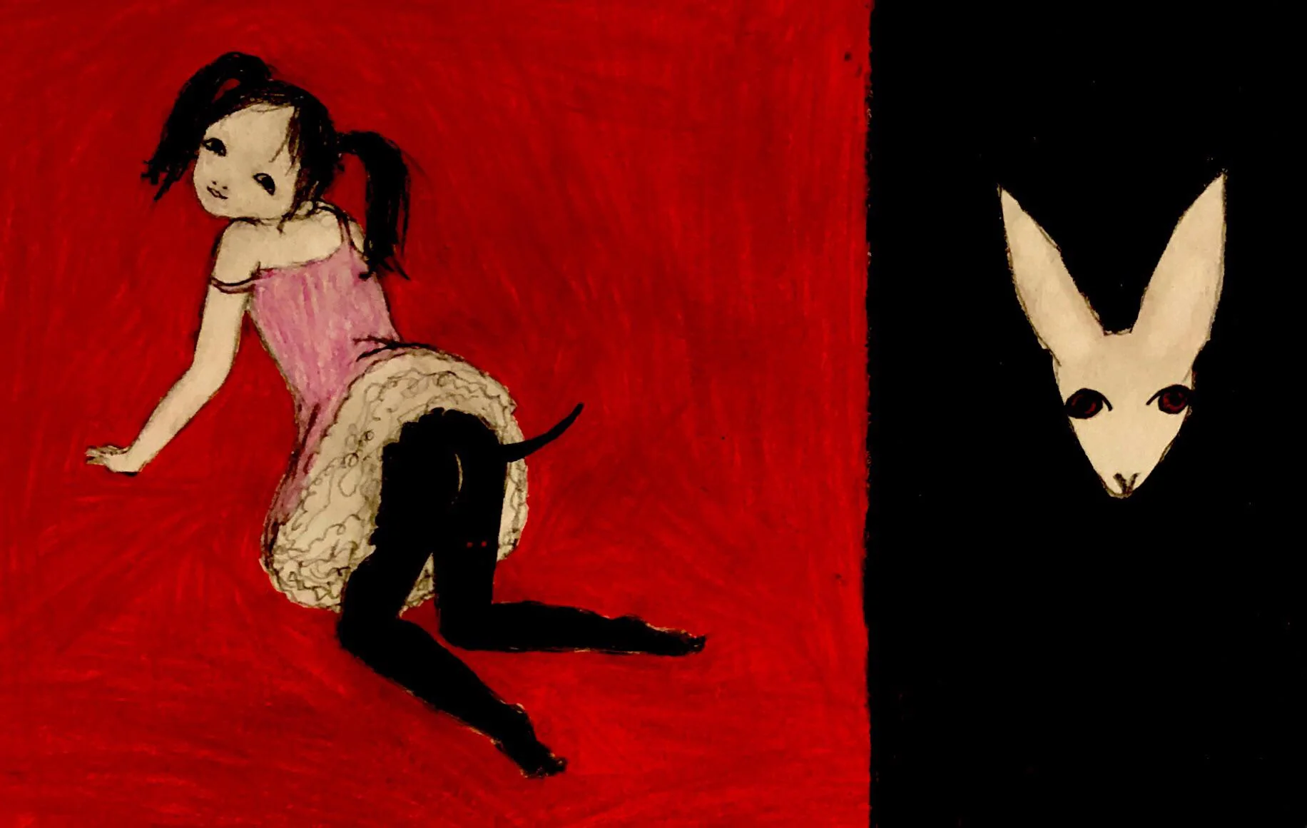 a dark fantasy painting with a young girl wearing a pink dress with white frills and black tights, appearing to have a tail, is depicted on a red background next to a black background with a drawing of a rabbit's head. the overall tone is eerie and spooky.