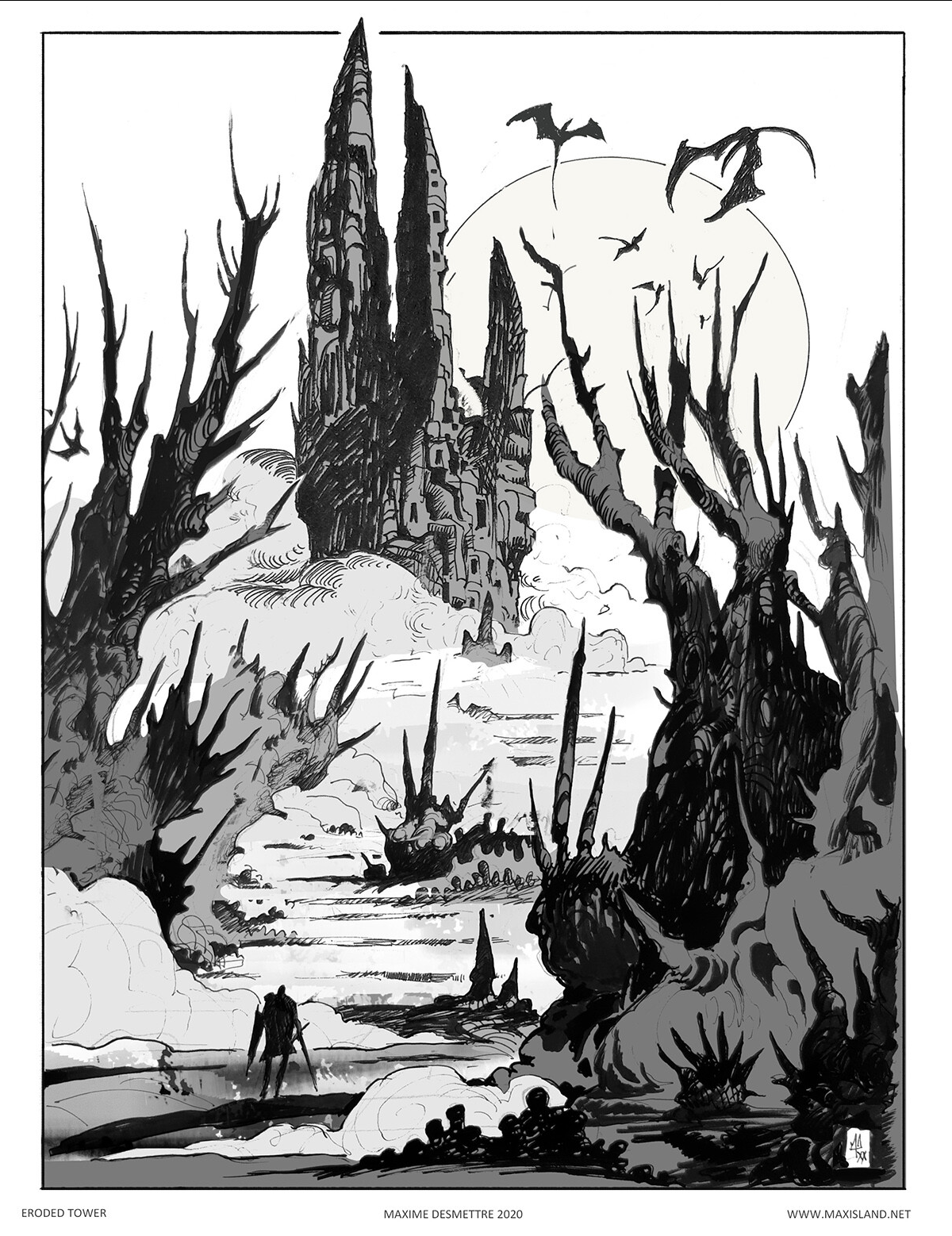 the illustration showcases a haunting, monochrome landscape. a lone traveler, rendered in silhouette, traverses a path leading towards a dilapidated castle in the distance. the castle, with its towering spires and crumbling facade, dominates the middle ground, set against a backdrop of a large, luminous moon. sinister, gnarled trees with thorny branches flank the path, adding to the eerie ambiance. dragons soar through the sky, their forms silhouetted against the moon. the overall mood is one of mystery and foreboding.