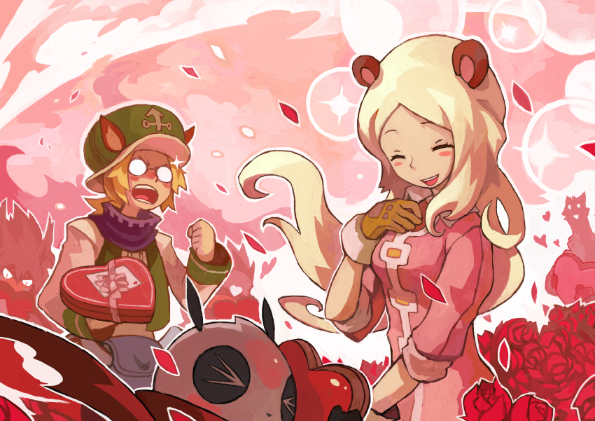 the image depicts a romantic scene with two animestyle characters. a girl with long blonde hair, wearing a pink dress and white gloves, is smiling warmly. she appears to be receiving a heartshaped chocolate box from a boy with a green hat and a brown scarf. the background is filled with hearts, roses, and other romantic imagery.  the characters are surrounded by a dreamy atmosphere of love and affection.