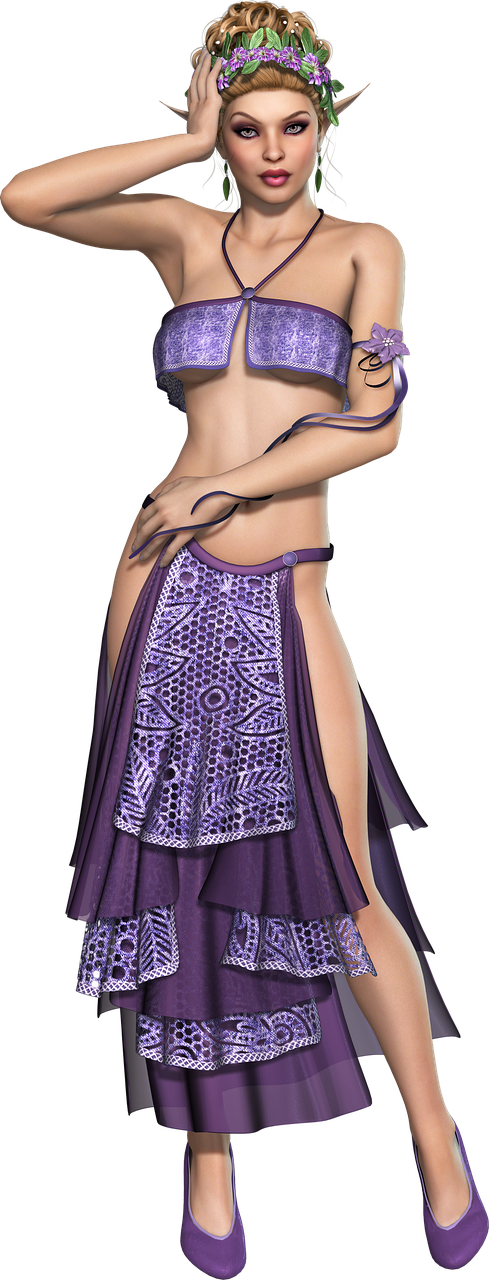 a digital rendering shows a woman with pointy elf ears. she has blonde hair pulled up with a floral headpiece and a long purple dress with multiple skirt layers. she is posed with one arm in the air near her head and the other across her waist. she has dark lips, and wears earrings and a purple arm band. the background is solid black.