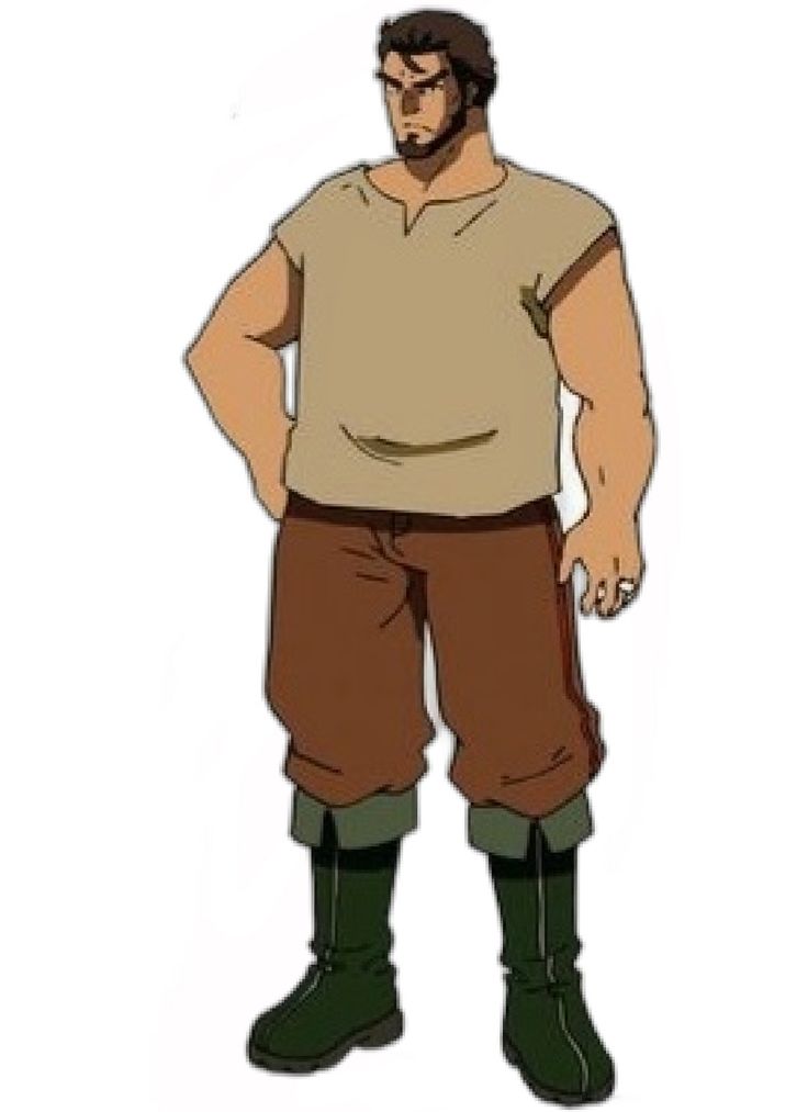 this is a cartoon image of a man with a beard, brown shirt, and brown pants. he is standing with his hands on his hips. he looks muscular and powerful.
