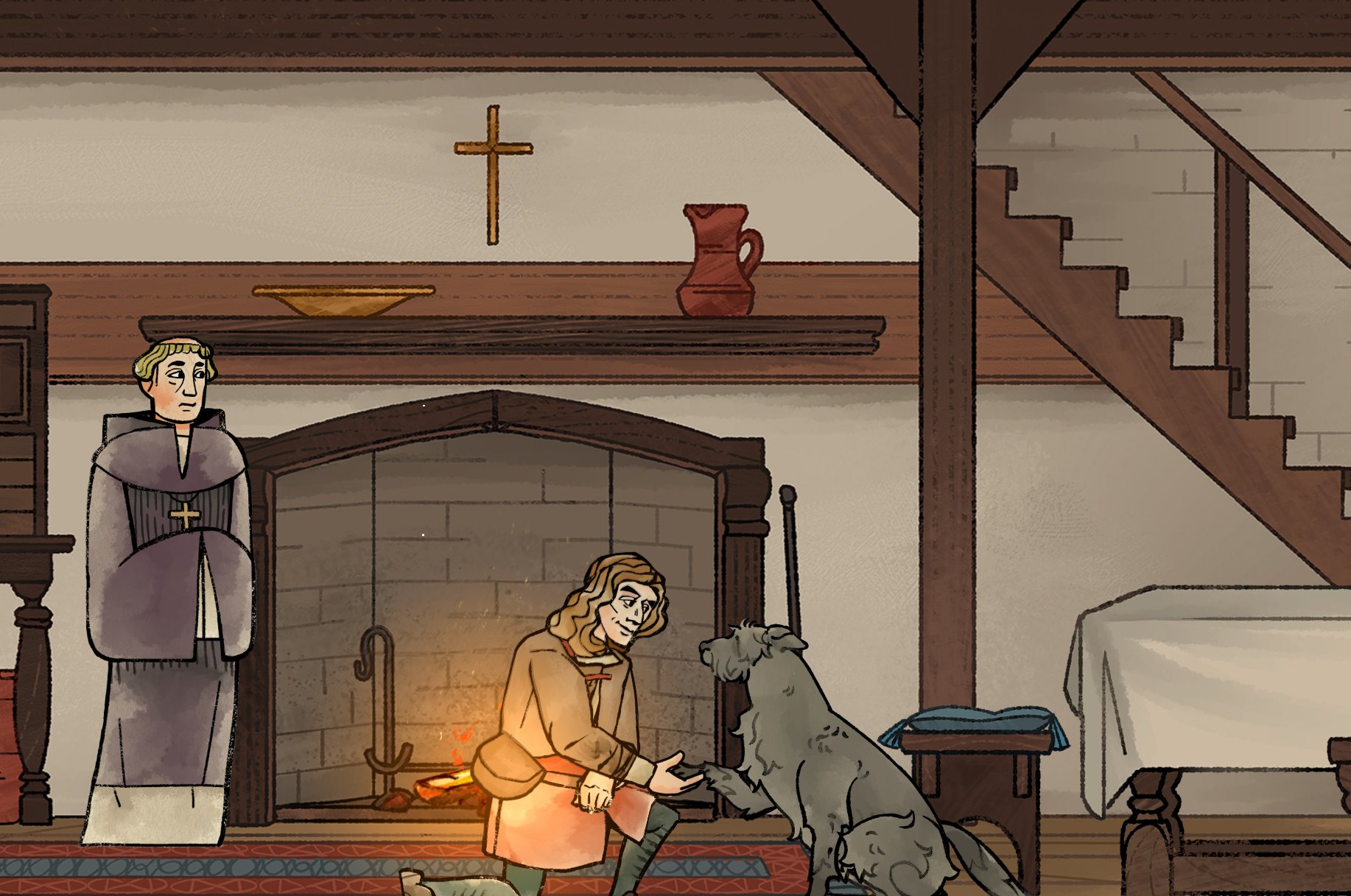 an interior scene depicting a room with a fireplace where a man is kneeling down, extending his hand to a large gray dog. a monk stands to the left of the fireplace. above the fireplace is a shelf with a cross, a bowl, and a pitcher. to the right, a set of wooden stairs leads up to a loft with a bed. a patterned rug is on the floor in front of the fireplace.