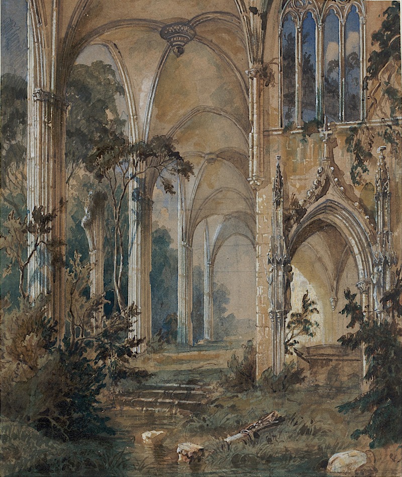 the image is a watercolor painting depicting the interior of a gothic church in ruins. the architecture is characterized by high arches, pillars, and pointed windows. nature has taken over the space, with trees and foliage growing inside and around the structure. steps lead down to a stream with stones and a fallen log. the overall impression is one of decay and the passage of time, with nature reclaiming what was once a manmade structure.