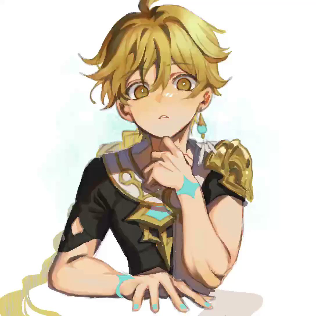 an anime boy with blonde hair, green eyes, and a black shirt is looking down and thinking. he is wearing a blue bracelet on his right wrist and a gold armband on his left arm. he has a thoughtful expression on his face.