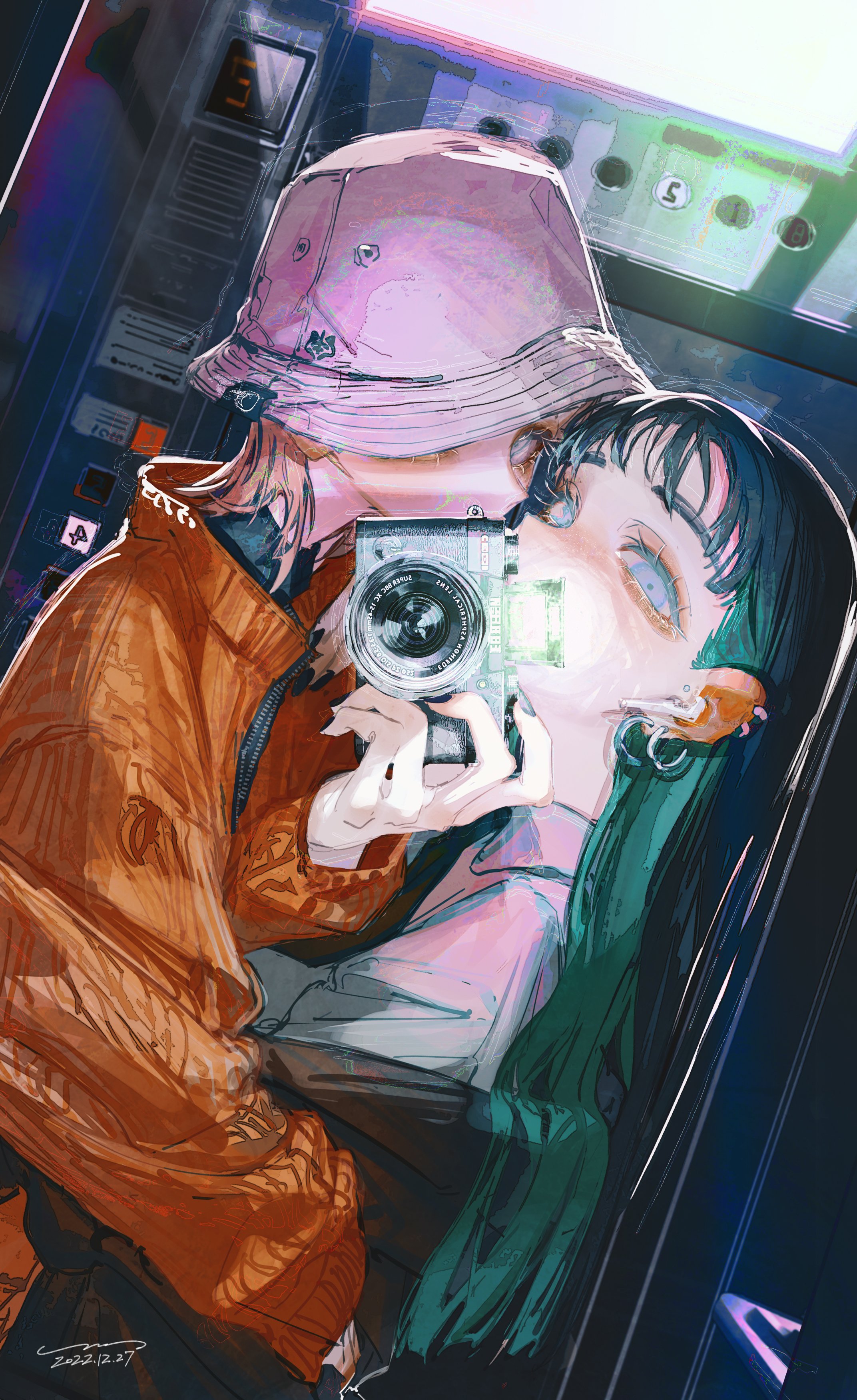 a digital painting of a couple taking a picture with a camera. the couple is in a closeup shot and their faces are lit up by the camera flash. the woman in the foreground has blue eyes, green hair and wears a light blue shirt. the man wears an orange jacket and hat. the background is blurred and out of focus.