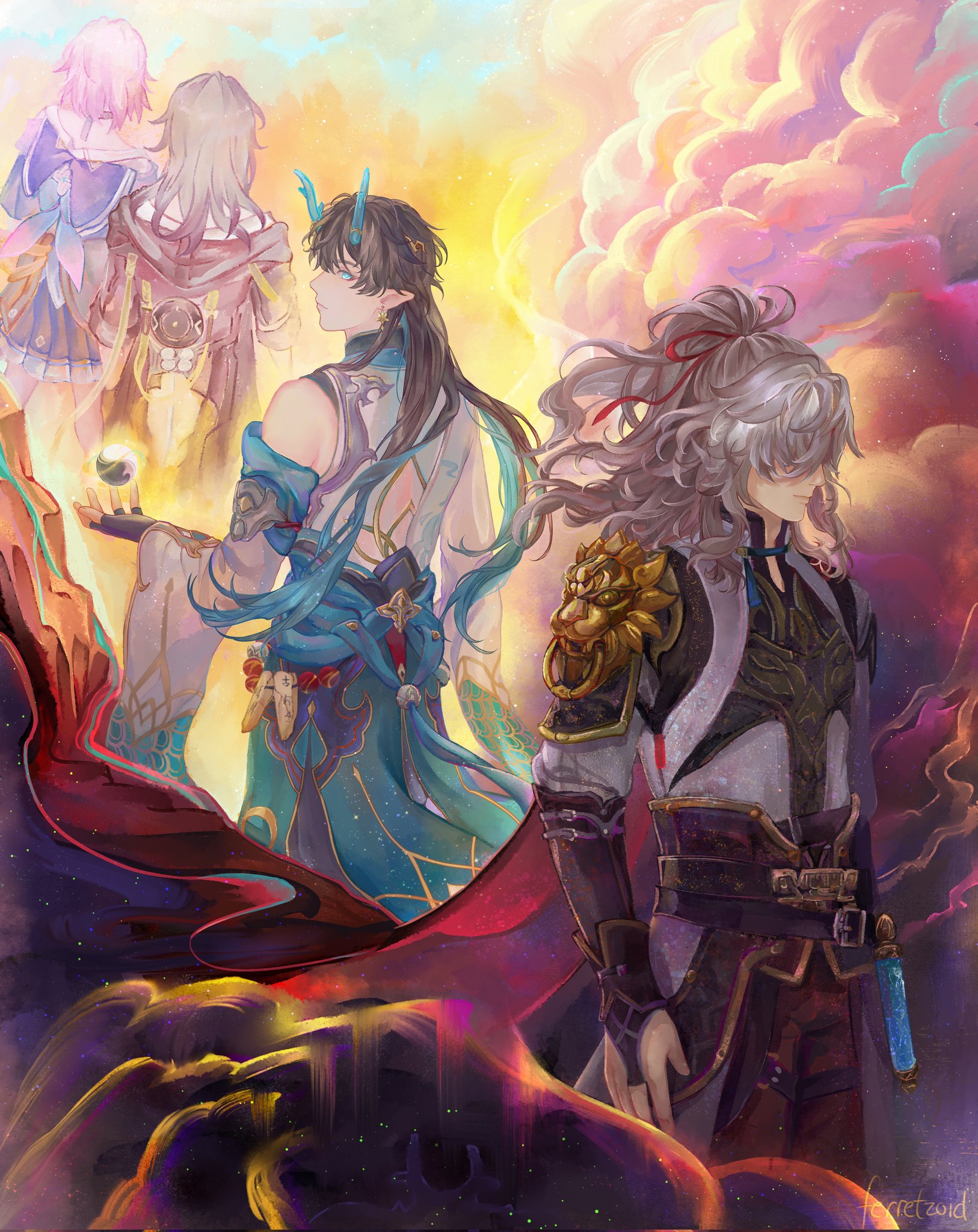 this is a vibrant illustration of four anime characters standing together against a background of swirling clouds.  the characters are all male, and they are all dressed in colorful, elaborate outfits.  the character on the left is wearing a blue and green dress and has long, flowing hair. the character to the right of them has a white and red outfit. the character in the center has a blue and white outfit with a long, flowing hair. the character to the right of them is wearing a white shirt with a gold and red chestplate and has long, flowing hair. the characters are all looking at each other, and their expressions are thoughtful.  the illustration has a magical and whimsical feel, and it tells a story without words.