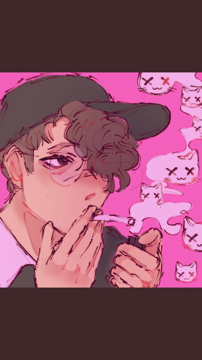 an anime style drawing of a young man with brown hair wearing a black hat and a white shirt holding a cigarette. there are pink clouds and cats with x's for eyes floating around him. the background is a pink sky. the man looks depressed and sad.