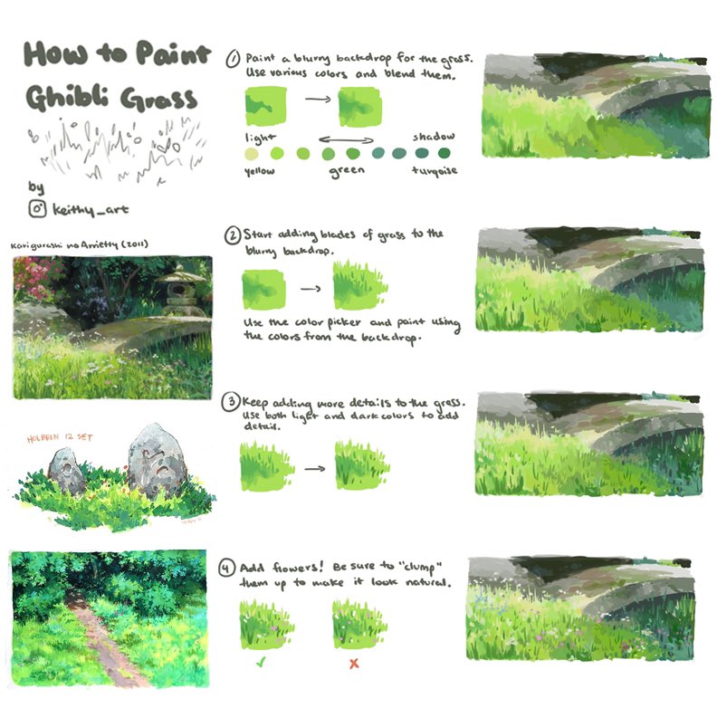 a tutorial on how to paint ghiblistyle grass using a digital painting program. the tutorial is presented as a series of steps, each with a brief description and an accompanying image. the steps include creating a blurry backdrop, adding blades of grass, adding details, and adding flowers. the tutorial is designed to help artists create realistic and visually appealing grass that is characteristic of studio ghibli films.
