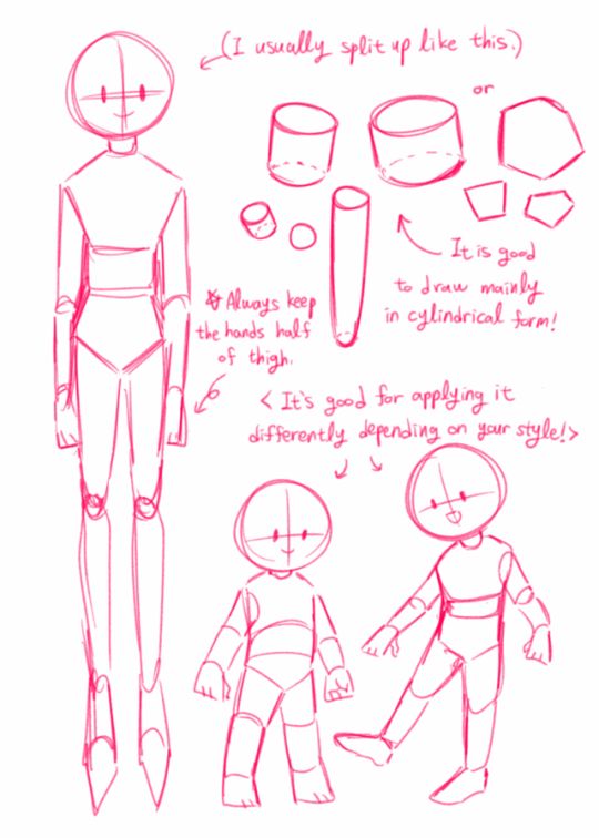 the image is a drawing tutorial for creating a character. it shows different ways to split the body into cylindrical shapes. the top left drawing shows a full body with the limbs in cylindrical form, with lines showing the placement of the hands. below this, there are various shapes showing how the limbs can be broken up to form the figure. there are also drawings to the right of the main drawing showing different ways to draw the body, with the placement of the limbs. the image is drawn in pink ink.
