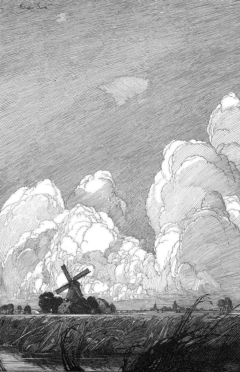 a black and white illustration of a flat landscape with a large windmill in the foreground. the windmill is positioned slightly offcenter to the left. dramatic, heavily shadowed clouds fill the majority of the sky, creating a sense of depth and movement. the style of illustration emphasizes contrast and texture, particularly in the depiction of the clouds. the overall mood is somber and somewhat ominous.