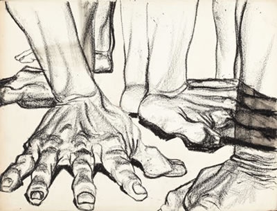 a black and white drawing of a hand and feet. the drawing is done in charcoal or pencil. the hand is large and prominent in the foreground, while the feet are smaller and in the background. the artist has captured the details of the anatomy of the hand and feet, including the muscles, tendons, and bones. the drawing is a study of the human body and its form.
