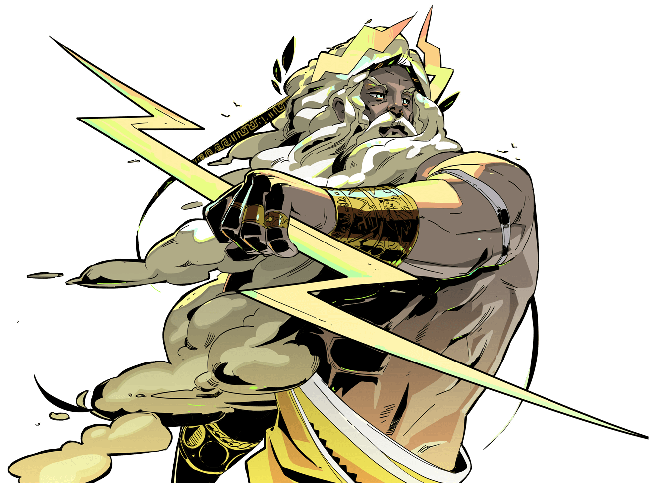 a colorful illustration of zeus, the king of the gods, with a thunderbolt in his hand. he is depicted as a muscular man with a long white beard and a crown on his head. he is surrounded by swirling clouds.  this image is a great example of comic book art and character design.