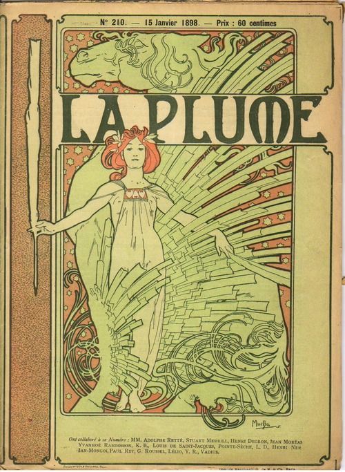 the image is a vintage cover of the french literary and art magazine "la plume", dated january 15, 1898. it showcases art nouveau style artwork, likely designed by alphonse mucha, whose signature appears on the cover. the design features a woman in a flowing dress, adorned with hair ornaments, surrounded by stylized botanical motifs and geometric shapes. a horse head is incorporated into the design at the top. the magazine's title, "la plume", is prominently displayed in bold, decorative lettering. text at the top indicates the issue number and price, while text at the bottom lists contributors to the issue. the artwork is composed of a color palette of greens, oranges, and creams.