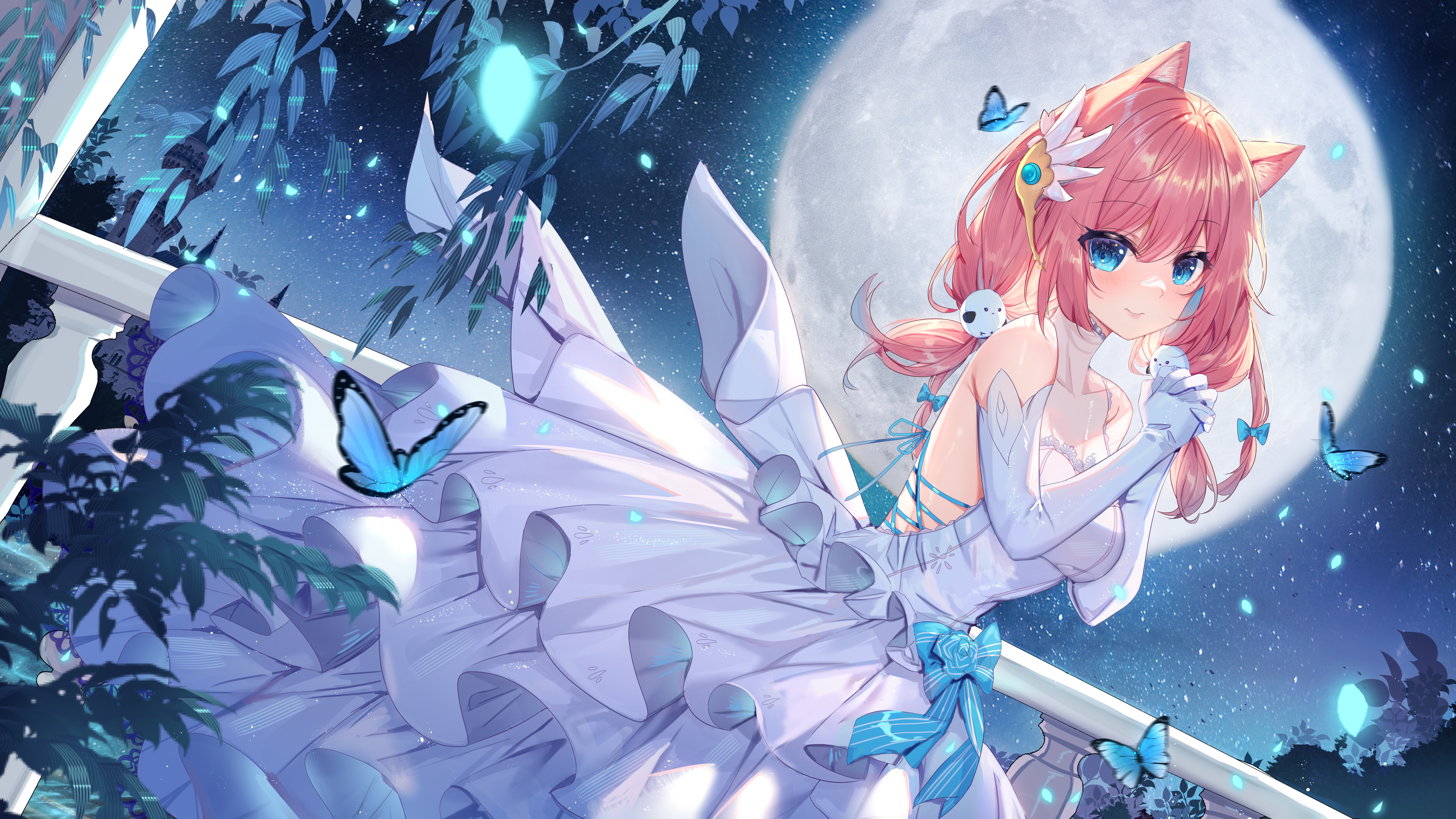 he image showcases an animestyle female character, possibly a princess or fairy, adorned in a flowing white dress with light blue accents and a large blue ribbon. she possesses pink hair styled with cat ears, complemented by light blue eyes that convey a gentle and somewhat shy expression. her attire and overall appearance suggest a magical or fantasy setting.the background features a full moon, a starry night sky, and fluttering blue butterflies that add a whimsical, dreamlike quality to the scene.  lush greenery, including plants and leaves, frames the character, creating a harmonious blend between the ethereal and the natural world. the artwork style is digital painting, with a focus on soft lighting and a pastel color palette to enhance the dreamy ambiance. the overall impression is one of romanticism and gentle beauty, evoking a feeling of calm and serenity.