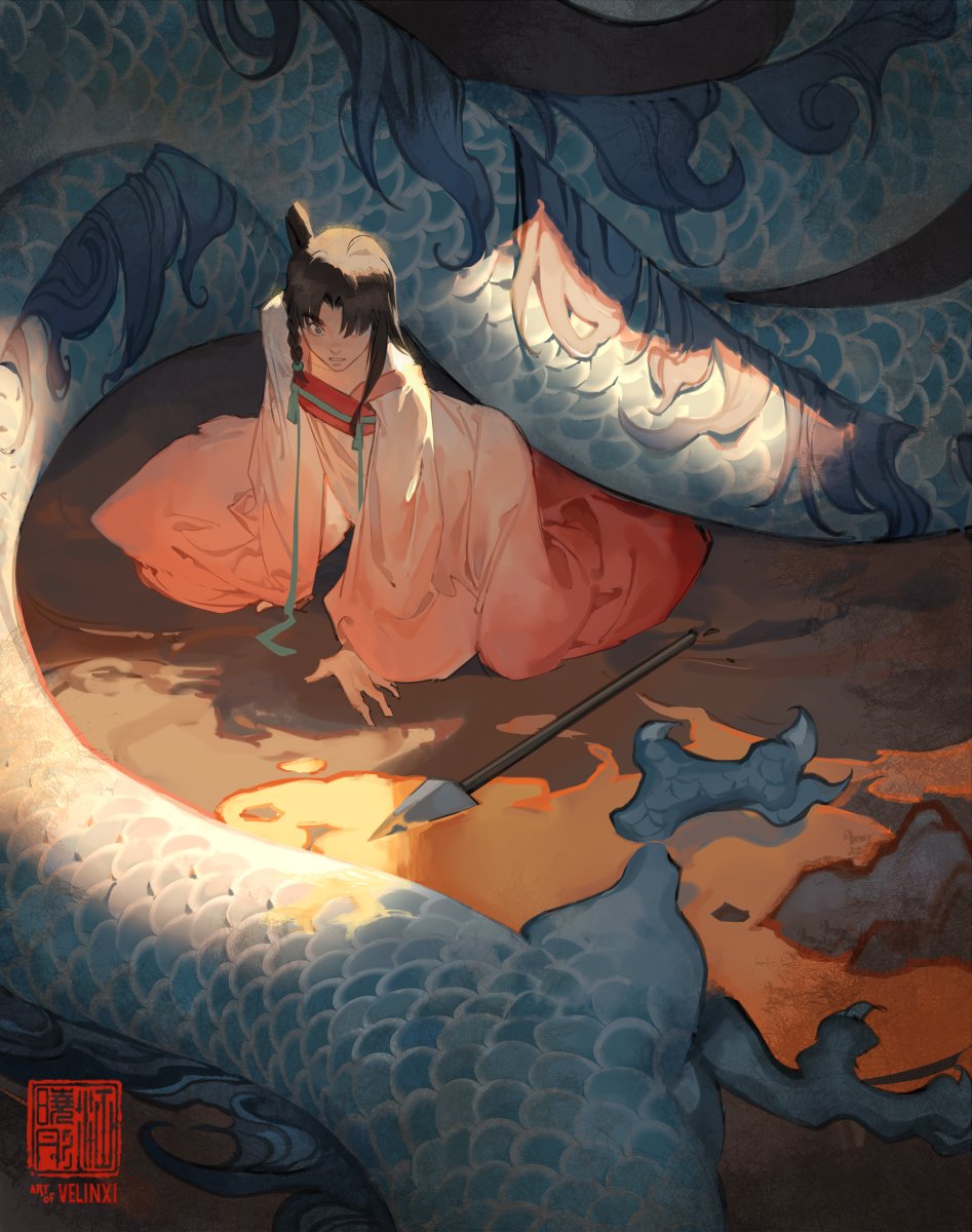 an illustration depicts a man in a white and red kimono crawling on the ground alongside a blue dragon. he is positioned near the dragon's body, with a spear lying beside him. the illustration is bathed in orange light.