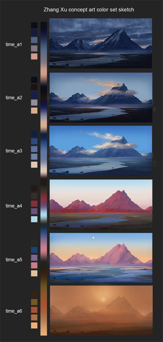 the image presents a series of six digital landscape paintings, showcasing a mountain range across different times of day.  each painting features a distinct color palette, capturing the shifting light and atmosphere from dawn to dusk.  the artist utilizes atmospheric perspective effectively, creating a sense of depth and distance.