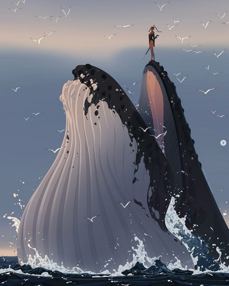 a digital painting of a woman standing atop the open mouth of a whale breaching the surface of the water. the whale's head is large and imposing and the mouth is open wide, revealing a black interior. the water is churning up around the whale and there are many birds flying in the sky above.