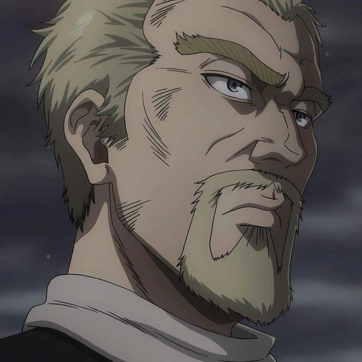 this is a digital illustration of a man with short blond hair and a long goatee.  the art style is anime.  he has a serious expression.  the background is a blurry gray.