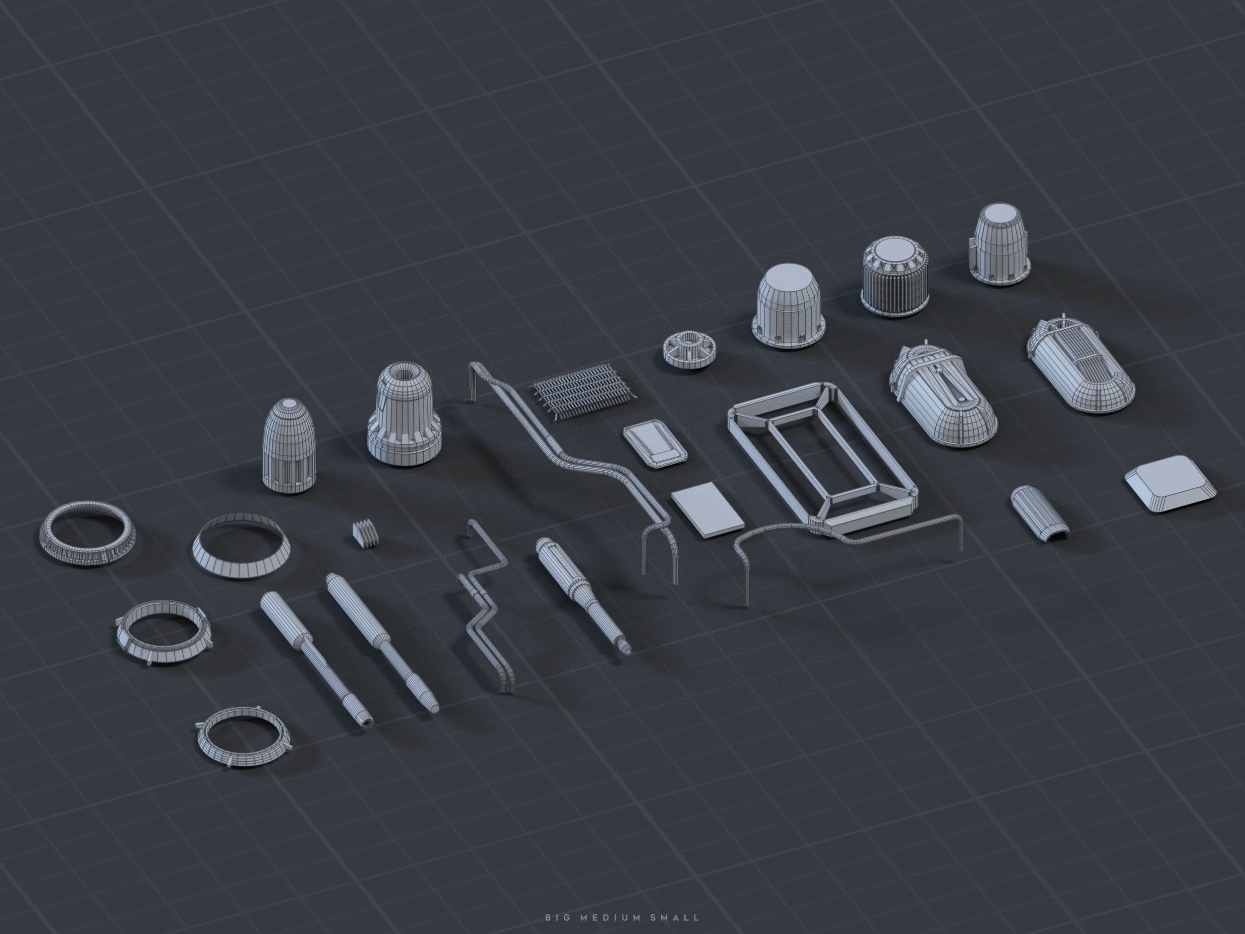 the image displays a collection of various 3dmodeled mechanical parts in a wireframe rendering. the parts appear to be components for a machine or device with a futuristic or scifi aesthetic. the parts are rendered isometrically against a dark grid background, allowing for easy viewing of each object's shape and design. the different sizes are implied by the caption "big medium small."  the overall style is clean and technical, suggesting a design or engineering context, potentially for game development or industrial design.