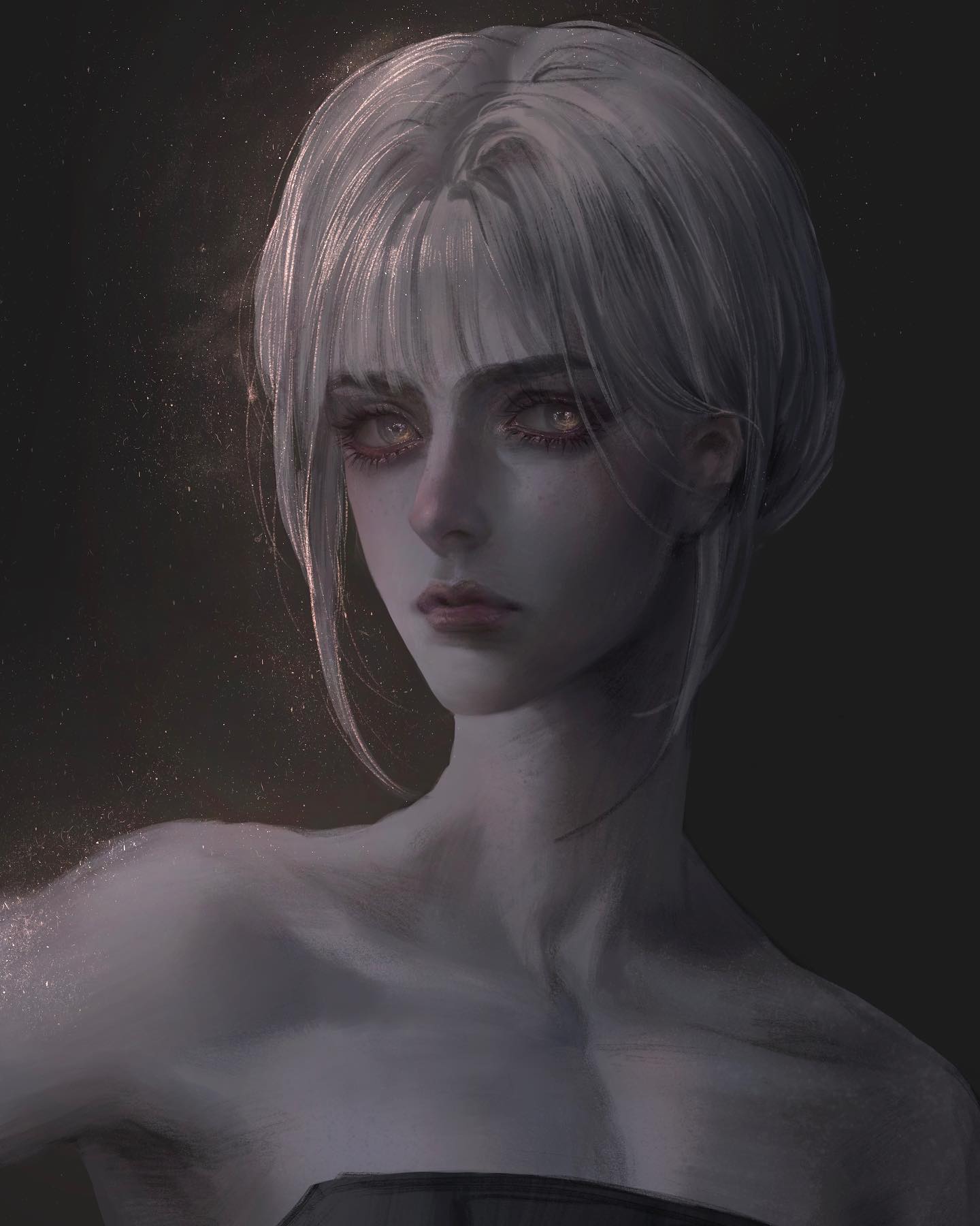 a digital art portrait of a woman with pale white skin and white hair. the woman's eyes are a piercing yellow. she is dressed in a black dress and the image has a dark background with hints of light. the art style is reminiscent of japanese anime and manga.
