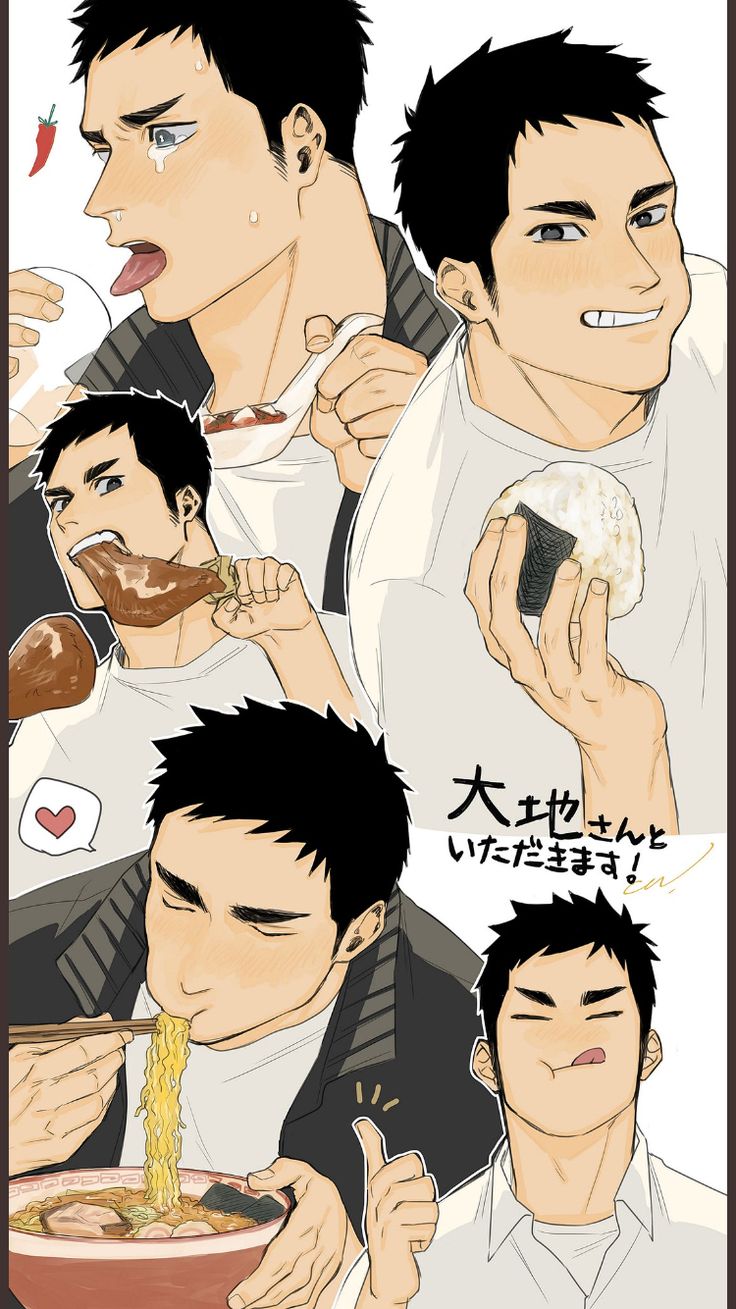 he image is a collage of illustrations depicting several animestyle men in various scenarios related to food. each panel shows a different man, some expressing enjoyment while eating ramen, rice balls, chicken, etc.  the overall style is light and playful, with slightly exaggerated expressions.  japanese text is included.