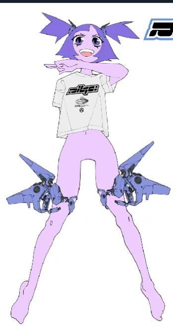 a cartoon anime girl in a white shirt with the text "alter" on it in japanese. she has long purple hair in pigtails and is wearing mechanical robotic legs. she is posing with her arms crossed and a slightly smug look on her face. the art style is colorful and digitally drawn.