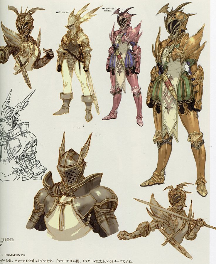 this image contains concept art for a video game character, possibly from the final fantasy series. it shows various designs of a "dragoon" character's armor, in different colors and styles.  the art is detailed, featuring intricate designs on the armor, including winged helmets and various color schemes (gold, pink, and offwhite). multiple angles and sketches show different aspects of the armor, likely for game development purposes.  the accompanying text appears to be japanese, discussing the design's inspiration and intent.