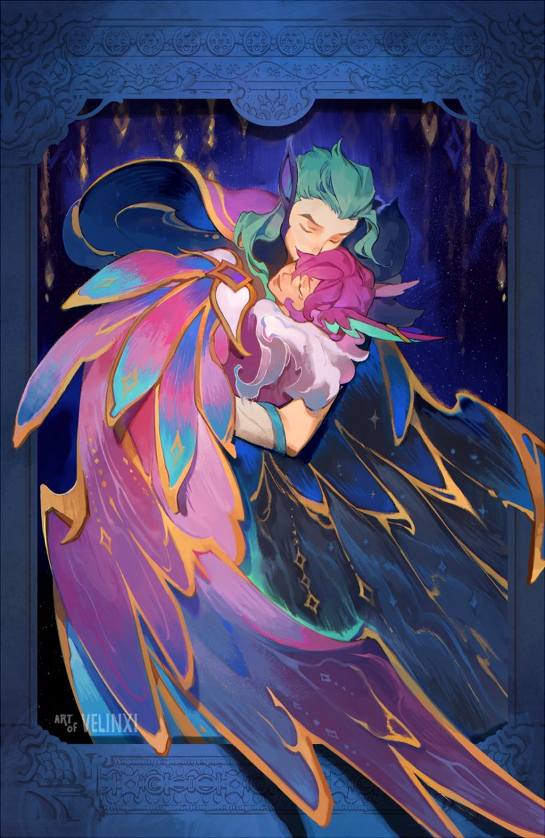 this is a digital painting depicting the league of legends characters rakan and xayah in a loving embrace. rakan, with green hair and pointed ears, is tenderly kissing xayah on the head. xayah has pink hair and is snuggled against rakan. both characters have large, ornate wings, with xayah's wings featuring pink, purple, and gold colors, and rakan's wings being primarily dark blue with gold accents. the background is a dark, starry night scene, and the image is framed by a decorative blue border. the style suggests fantasy or character art. the artwork is labeled "art of velinxi" in the corner.