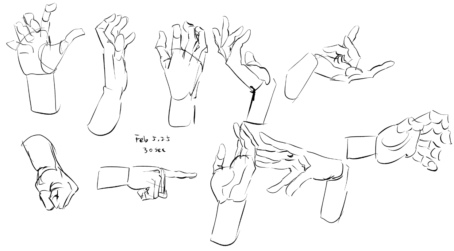 the image shows a collection of hand drawings and sketches in various poses and gestures. the drawings are simple and stylized, done with black lines on a white background. some sketches also include construction lines to show hand anatomy.