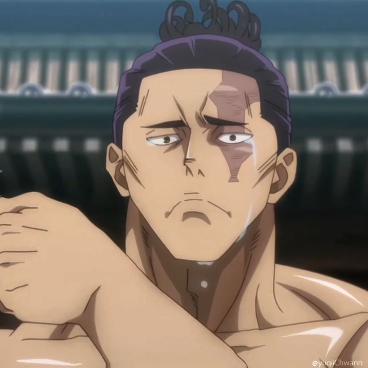 the image shows a closeup illustration of an adult man with brown skin. he has his hair pulled back into a tight bun, and a diagonal scar runs down the left side of his face from his forehead to his cheek. he has tears running down his face and a somber, melancholic expression. he is shirtless and appears to be wiping away a tear with his left arm. the background of the image suggests an outdoor setting with a traditional east asianstyle building.