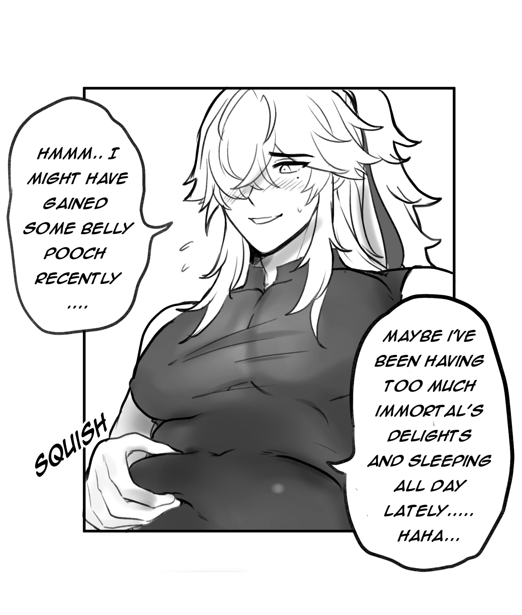 this is a black and white anime illustration. a white haired girl in a black dress is blushing and smiling, and with her hands on her belly. she's talking to herself, saying that she might have gained some belly recently.