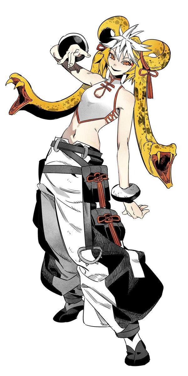 the image is a detailed illustration of a female anime or manga character.  she has short, white hair and is adorned with what appear to be two yellow snakes as hair ornaments or possibly part of her being. her clothing style blends traditional chinese elements with a more modern or fantasy aesthetic; a white top resembling a qipao is paired with loose, layered pants. she carries a dark, round object and her pose is dynamic and powerful, suggesting action or readiness for combat. the overall style is a mix of monochrome and shading, giving a strong graphic novel or comic book feel.