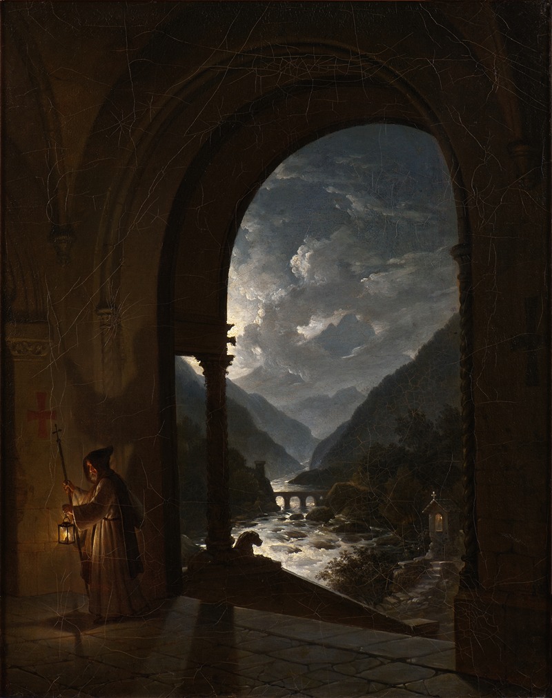 the painting depicts a hooded monk holding a lantern, standing in a dimly lit archway of a monastery. beyond the archway, a moonlit landscape reveals mountains, a river with a bridge, and a small shrine. a dog is perched on the edge of the archway overlooking the river. a red cross is painted on the monastery wall.
