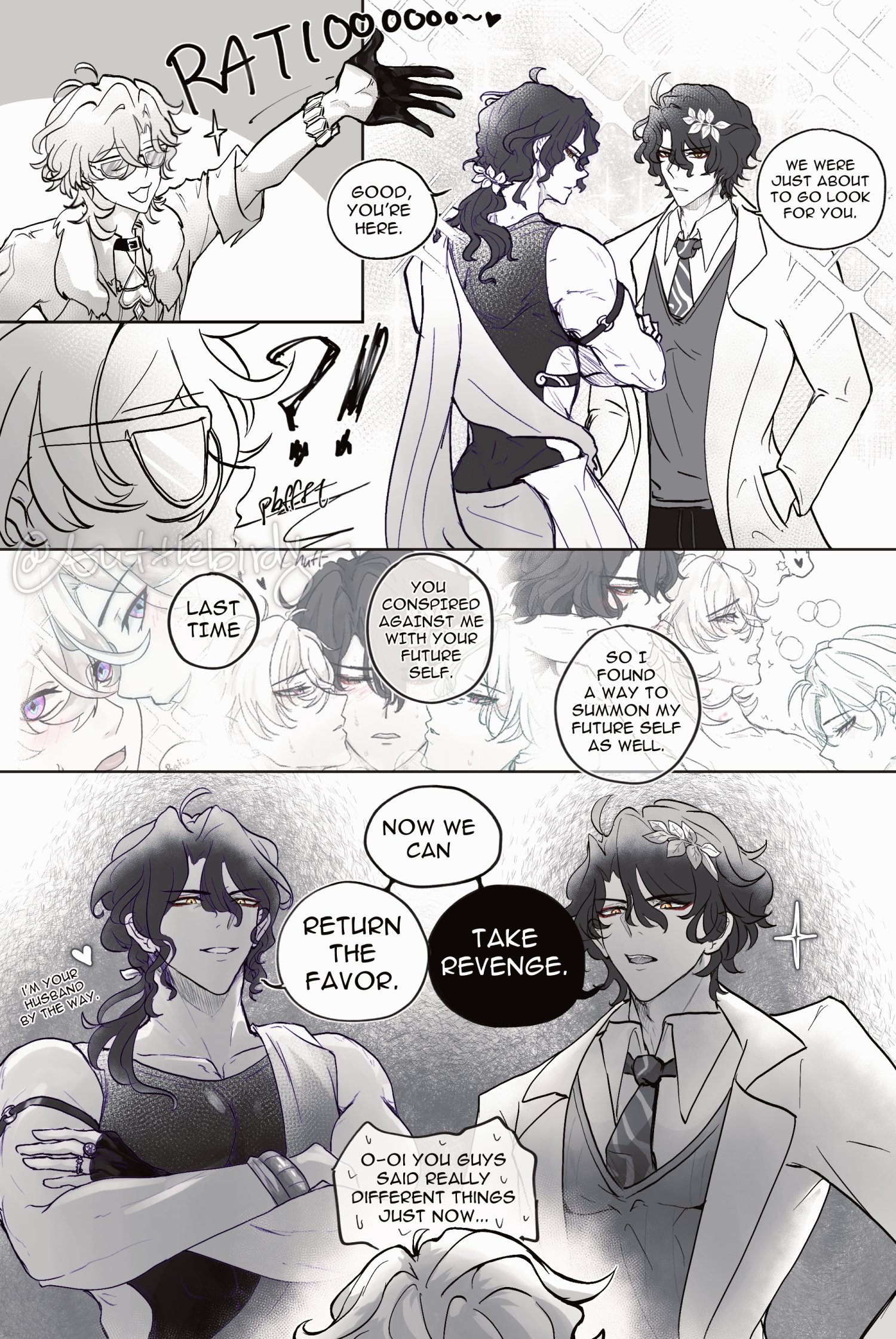 he image is a grayscale mangastyle comic strip depicting a dramatic confrontation between two sets of characters.  the story revolves around a past self conspiring against a future self, leading to a presentday conflict where revenge is sought.  the art style is detailed, showcasing expressive characters in stylish outfits. speech bubbles and thought bubbles reveal the dialogue and internal thoughts of the characters. the overall mood is intense and dramatic, hinting at a complex plot involving time travel and interpersonal betrayal.