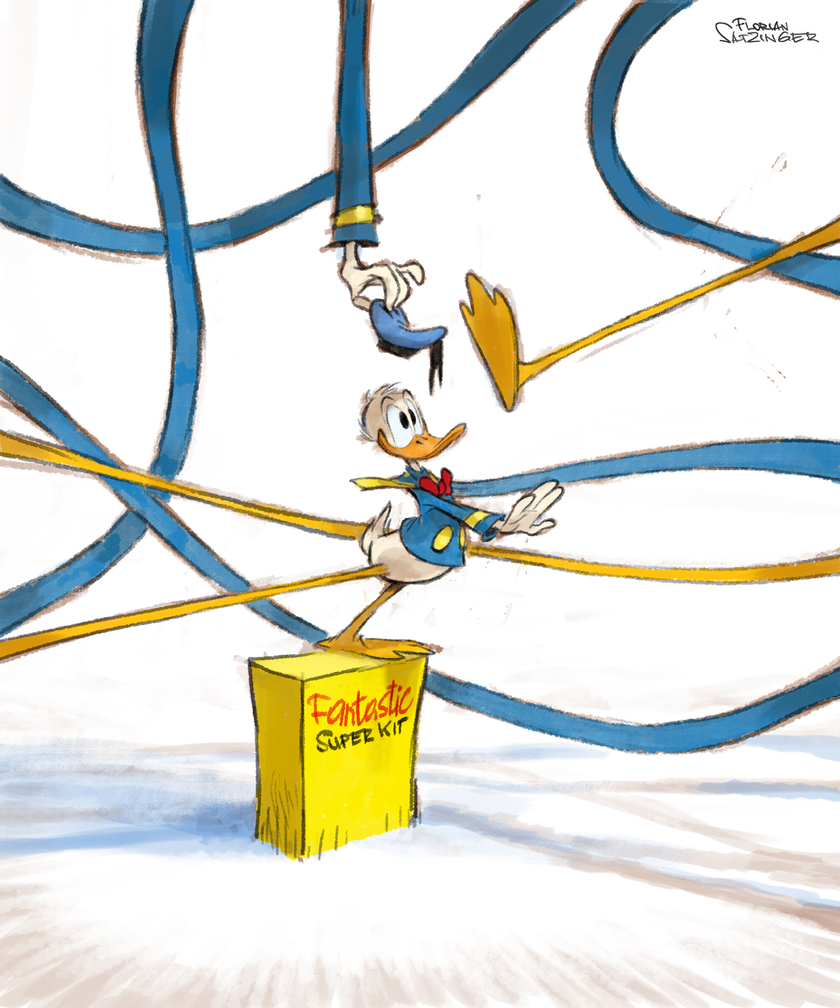 the image shows a cartoon of donald duck standing on a yellow box labeled "fantastic super kit". he is surrounded by long, flowing blue and yellow ribbons. above him, a giant hand is holding his hat. the artwork is signed by florian satzinger.