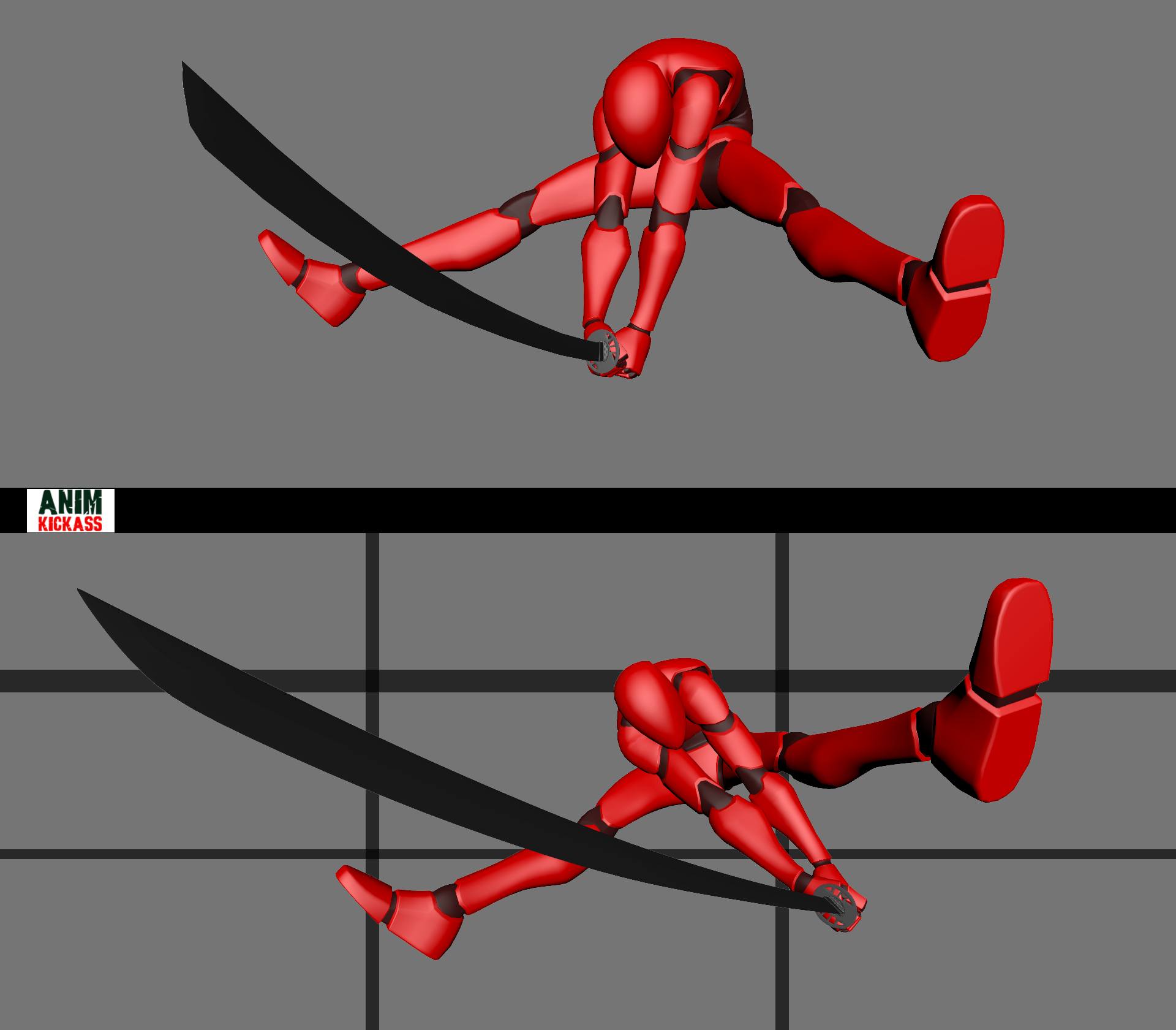 the image shows two poses of a red figure holding a black sword, likely for animation purposes. the figure is in dynamic action poses, suggestive of martial arts or combat. the figure appears to be a cartoon or computergenerated model. the figure is holding a katana.