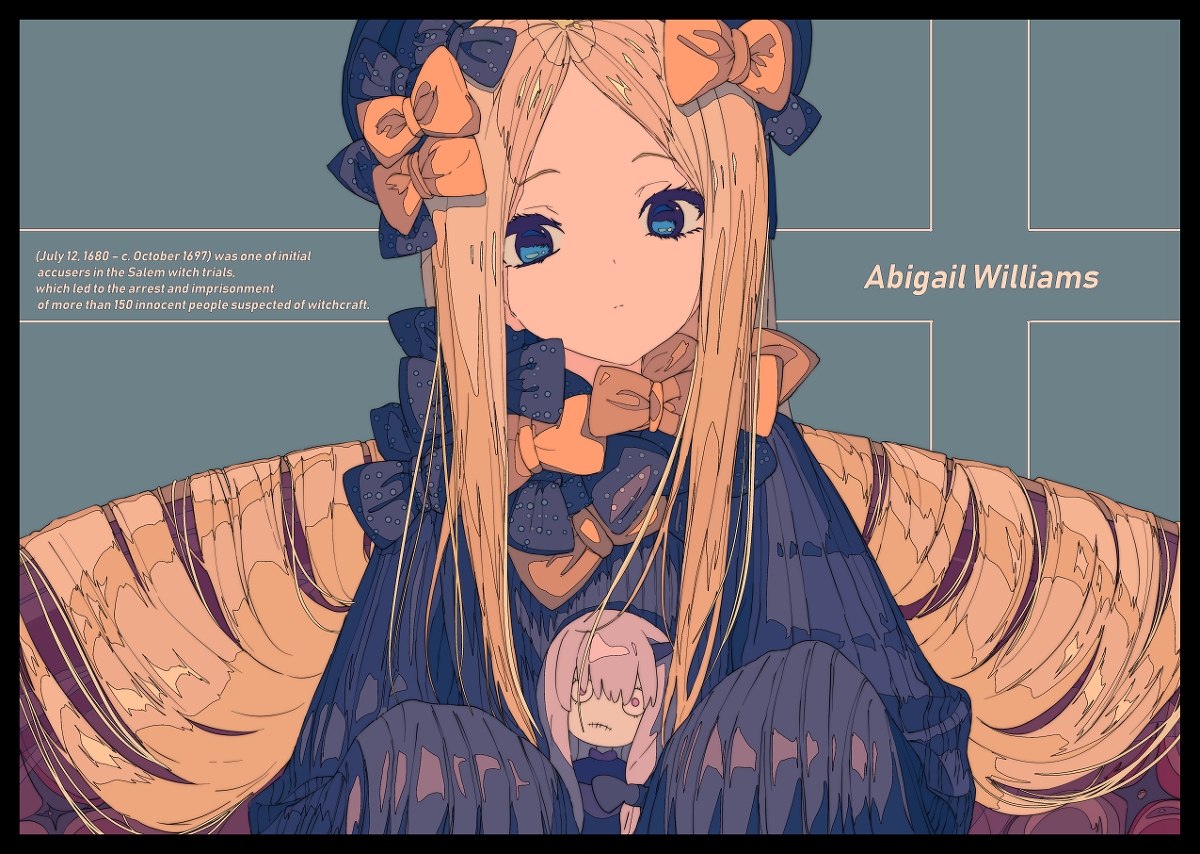 the image is a stylized animestyle portrait of abigail williams, a key figure in the salem witch trials.  she is depicted as a young girl with long blonde hair, blue eyes, and wearing a dark, ornate dress with bows. her expression is somewhat melancholic.  she is holding a small doll in her lap. the background is a muted teal, and text provides historical context about abigail williams' role in the trials and the resulting imprisonment of many innocent people. the overall style blends historical subject matter with a modern, artistic interpretation.
