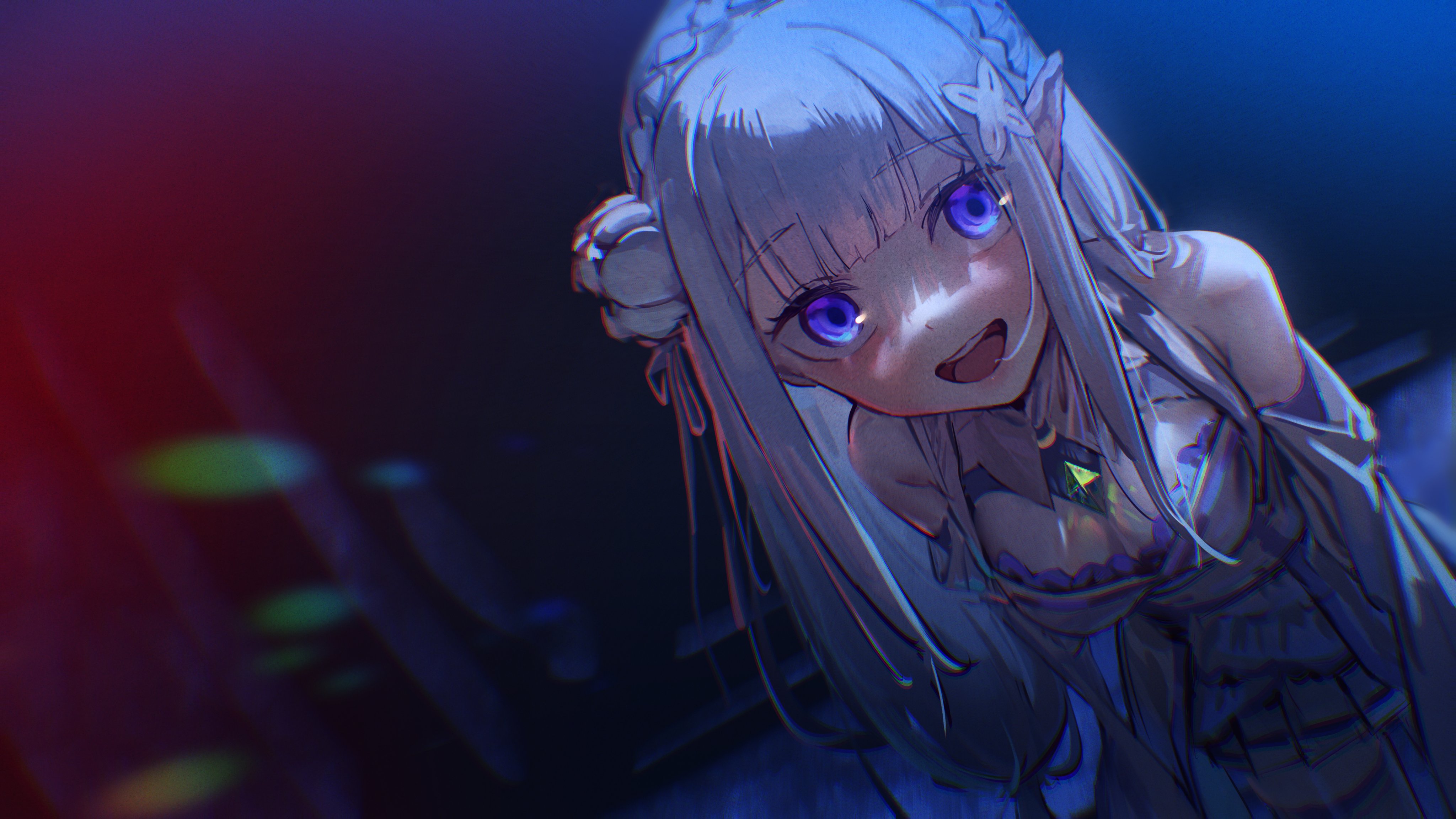 a closeup digital fanart depicts rem from the anime series re:zero. she has long, flowing white hair, characteristic elf ears, and vibrant purple eyes.  she's smiling and looking downward towards the viewer. the art style is expressive and slightly stylized, with a focus on light and shadow, creating a moody atmosphere enhanced by the dark background and bokeh effects.  rem's outfit is partially visible, hinting at a lowcut top. the overall feeling is one of playful intimacy.