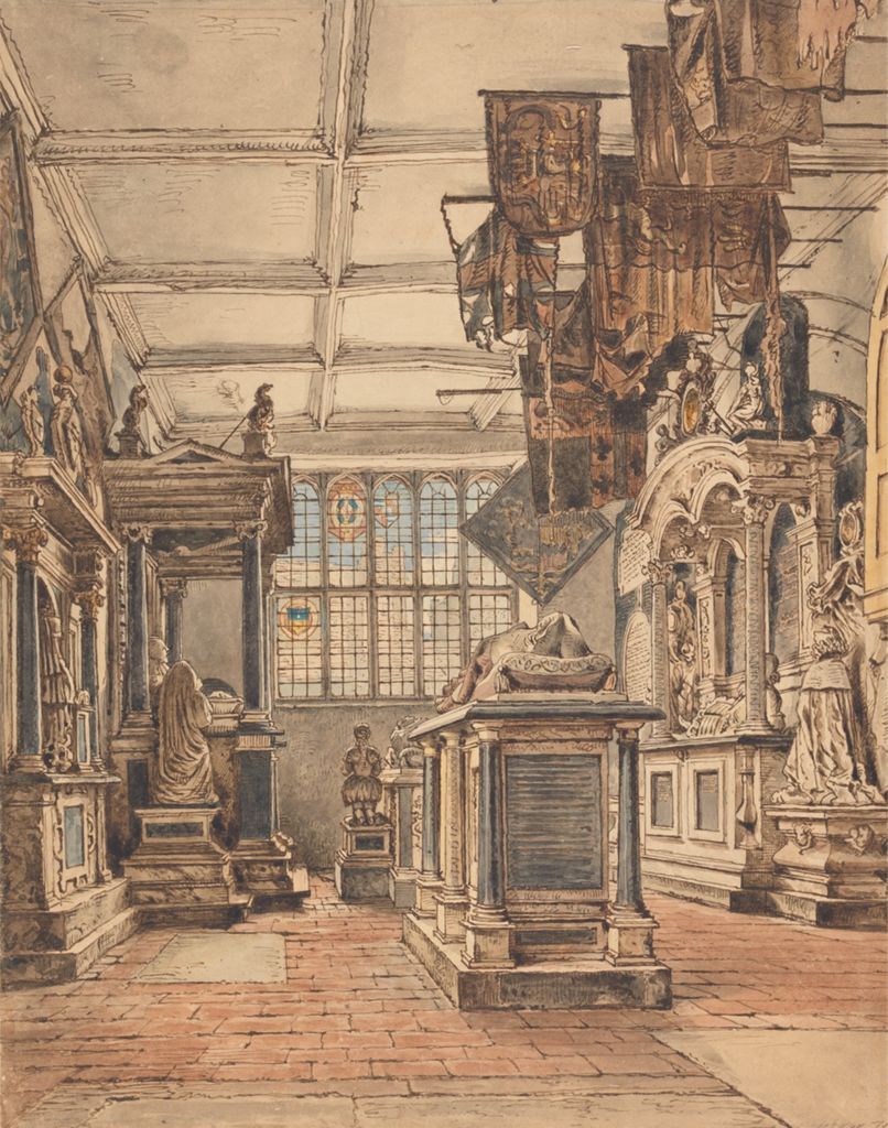 the image depicts the interior of a church or chapel, showcasing a mausoleum with tombs, stained glass windows, banners hanging from the ceiling, and statues. the vaulted ceiling and brick floor add to the architectural details of the space.
